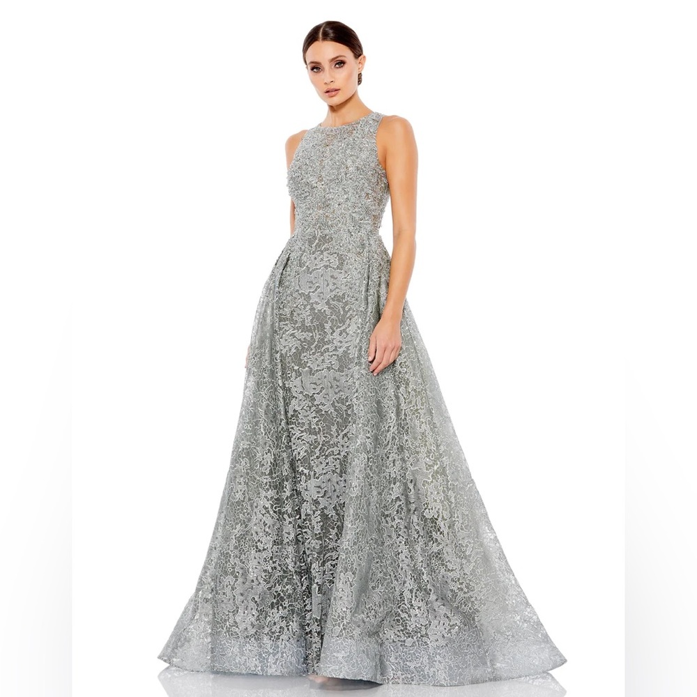 Mac Duggal Silver EMBELLISHED HIGH NECK SLEEVELESS A-LINE GOWN